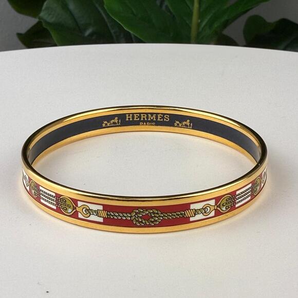 💎✨Authentic Hermes Plated Narrow Red Enamel Bracelet with Rope Size 8 1/4" - Picture 1 of 4